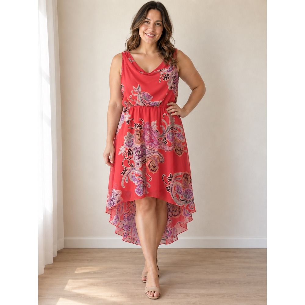 Enfocus Studio Red Paisley Cowl Neck High Low Chiffon Dress Size 12 9870N